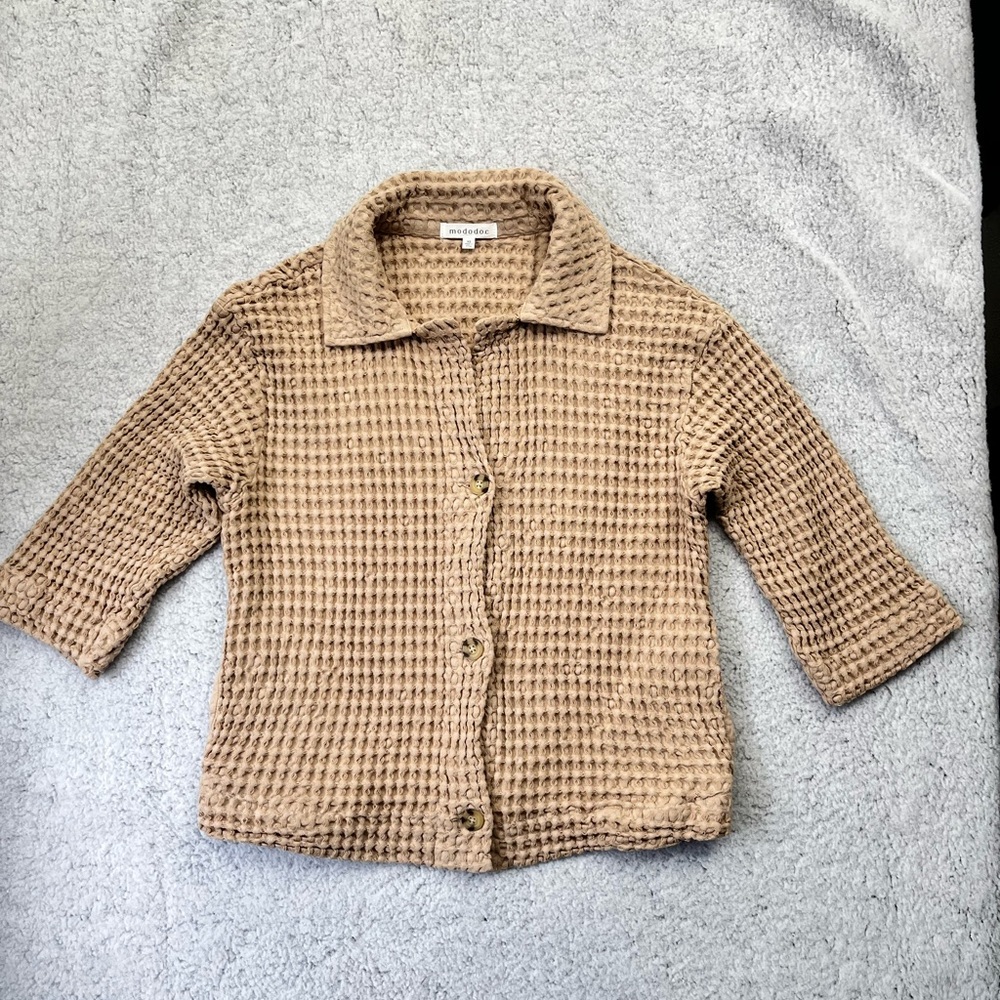 Women's Mododoc Tan Gauzy Thick Textured Waffle Button Down Cotton Top Size XS